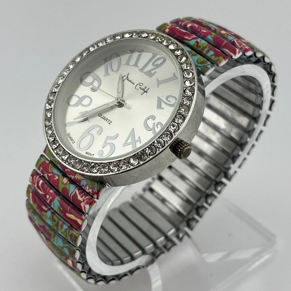 Jessica Carlyle Watch Women 40mm Crystal‎ Bezel Floral Stretch Band- New Battery